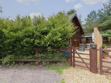 A wooden lodge with a gated entrance and outdoor seating area at Little Lodge in Pentney near Kings Lynn