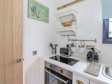 A compact kitchen corner with an electric stove oven a black toaster a black kettle kitchen utensils in containers a dish rack and white shelves on the wall at High Rigg Shepherd's Sunrise in Brampton Cumbria