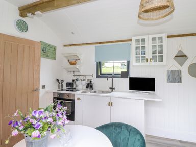 A kitchen with white cabinets a small oven a sink and a vase with flowers on a table at High Rigg Shepherd's Sunrise in Brampton Cumbria