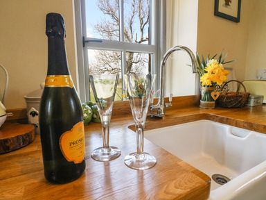 A kitchen countertop with a bottle of prosecco and two glasses next to a sink and a window at Herdie Hideaway in Appleby-In-Westmorland