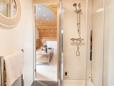 A bathroom with a shower and towel rack looking into a room with a wooden coffee table and wood-paneled ceiling at Middle Longlands in Cartmel