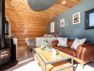 A living area with a brown leather sofa a wooden coffee table with food and plants a wood stove and a bed partially visible behind a partition at High Longlands in Cartmel