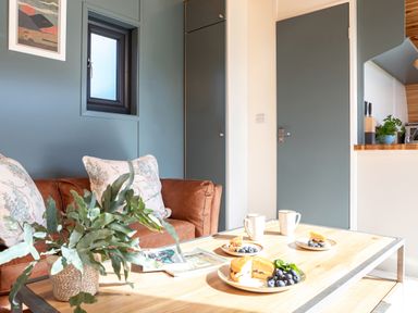 A living room with a brown leather sofa with floral cushions a wooden coffee table with plates of cake and blueberries mugs and a potted plant at High Longlands in Cartmel