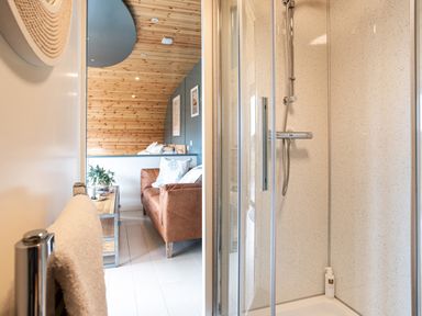 A shower with a glass door and a leather sofa with cushions in a room with wood paneling at High Longlands in Cartmel