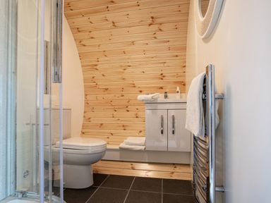A bathroom with a toilet a shower a vanity unit and a towel rack at High Longlands in Cartmel