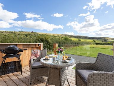 An outdoor wooden deck with a glass top table set with plates of cake and blueberries two wicker chairs a barbecue and countryside views at Little Heaning in Cartmel