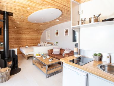 A small open-plan living space with a kitchen area wood-burning stove seating area and bed at Little Heaning in Cartmel