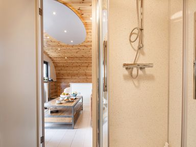 A shower area with a metal showerhead and a view into a room with wooden ceiling paneling and a table with food at Little Heaning in Cartmel