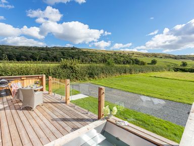 An outdoor wooden deck with seating and a grill overlooking a grassy field and hills at Little Heaning in Cartmel
