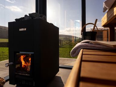 A sauna with a wood-burning stove and a bucket at Little Heaning in Cartmel