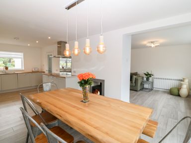 A kitchen with a wooden dining table and metal chairs next to a living area with a sofa and plant at Daresfield in Cemaes Bay