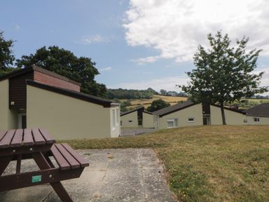 A picnic table on a concrete patio near single-story buildings and a tree on grassy land at Harcombe House Bungalow 11 in Chudleigh
