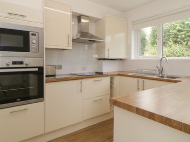 A kitchen with built in oven microwave stovetop sink and wooden countertops at Harcombe House Bungalow 11 in Chudleigh