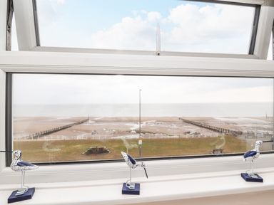 A window with three bird figurines on the sill looking out to a beach and sea at Ty Uchaf in Rhyl