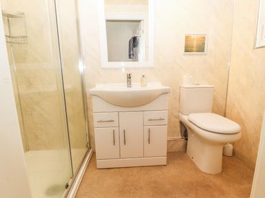 A bathroom with a shower enclosure a sink with cabinet a mirror and a toilet at Ty Uchaf in Rhyl