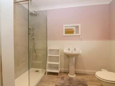 A bathroom with a glass shower enclosure sink with mirror shelf unit and toilet at The Lodge in Blairgowrie