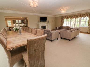 A living room with sofas a fireplace and a dining table with chairs at Bodmin Country House in Lanivet