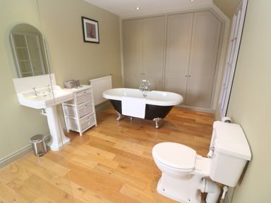 A bathroom with a freestanding bathtub a toilet a pedestal sink and built-in wardrobes at Bodmin Country House in Lanivet