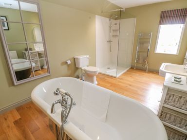 A bathroom with a freestanding bathtub a toilet a glass shower a sink a mirror and wooden floor at Bodmin Country House Lanivet