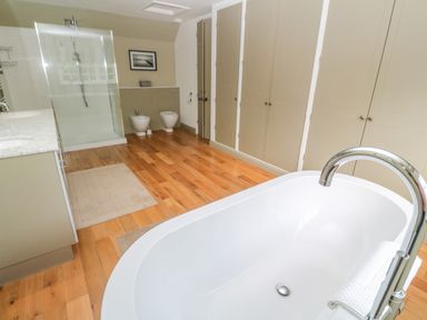 A bathroom with a freestanding bathtub shower bidet and toilet at Bodmin Country House in Lanivet