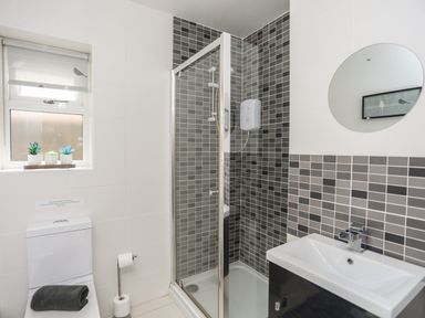 A bathroom with a shower enclosure a toilet a sink a mirror and a window with small plants at The Old Coal Yard in Cemaes Bay