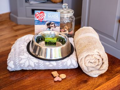 A metal dog bowl on a folded blanket next to a rolled towel a glass jar of dog treats and a dog guide book on a wooden table at Chi Lowarth in Porthleven