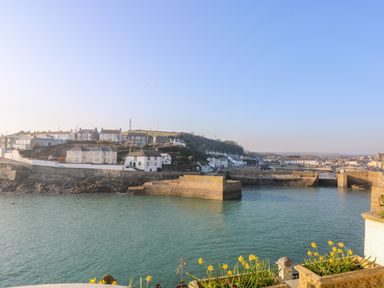 A coastal village with houses on a hillside and a harbor with stone piers and yellow flowers in flowerbeds in the foreground at Chi Lowarth in Porthleven