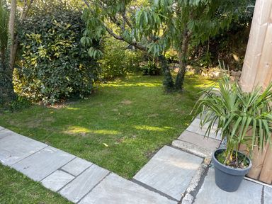 A garden area with a grass lawn trees bushes a potted plant on a stone patio and wooden structure at Chi Lowarth in Porthleven