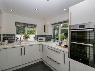 A kitchen with white cabinets a double oven a microwave and plants on the window sill at Pentre Court Cottage in Abergavenny