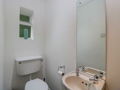 A small bathroom with a toilet sink mirror and a window at Pentre Court Cottage in Abergavenny