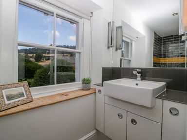 A bathroom with a sink and mirror and window with a windowsill holding a framed picture and small plant at Pentre Court Cottage in Abergavenny