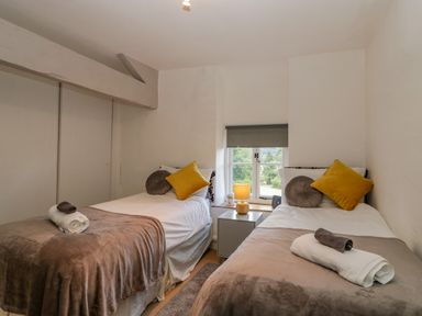 A bedroom with two single beds, pillows, throws, a small bedside table with a lamp and a window at Pentre Court Cottage in Abergavenny