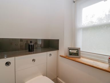 A bathroom with a toilet, countertop holding a black bottle, and a window sill with a framed picture and a small plant at Pentre Court Cottage in Abergavenny