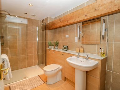 A bathroom with a glass shower enclosure a toilet a pedestal sink and wooden cabinets at Pentre Court Cottage in Abergavenny