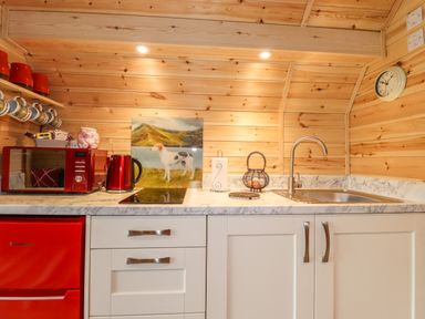 A kitchen countertop with a red microwave kettle and fridge with a sink and wooden walls at Hartsop Magic - Crossgate Luxury Glamping in Hartsop near Glenridding