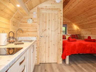 A wooden interior with a kitchen counter and a bed with red blankets at Hartsop Magic - Crossgate Luxury Glamping in Hartsop near Glenridding