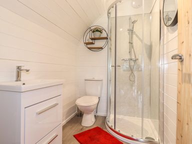 A bathroom with a white sink cabinet toilet a corner shower with glass doors round wall shelf with decor and a red bath mat at Hartsop Magic - Crossgate Luxury Glamping in Hartsop near Glenridding