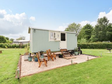 A small light blue wooden cabin with a split door on a gravel patio with wooden chairs and potted plants at Honeybee Lodge in Stixwould near Woodhall Spa
