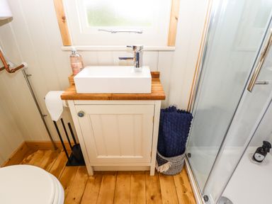 A bathroom with a sink on a wooden cabinet a shower with glass door and a toilet at Honeybee Lodge in Stixwould near Woodhall Spa