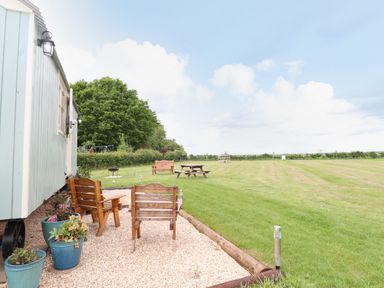 A grassy field with wooden outdoor chairs and a picnic table near a light blue building with potted plants at Honeybee Lodge in Stixwould near Woodhall Spa