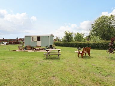 A green wooden shepherd hut on a grassy lawn with wooden benches and picnic table at Honeybee Lodge in Stixwould near Woodhall Spa