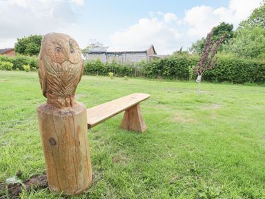 A wooden bench with an owl carving on one end in a grassy outdoor area with bushes and a small tree at Honeybee Lodge in Stixwould near Woodhall Spa