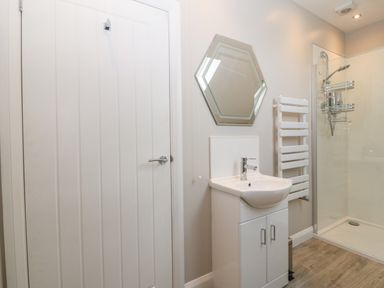 A bathroom with a white door a sink with cabinet a hexagonal mirror a towel rack and a shower at 1 Crud Y Mor in Barmouth
