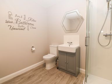 A bathroom with a toilet sink under a hexagonal mirror and a glass shower at 1 Crud Y Mor in Barmouth