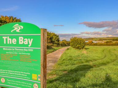 A green information sign next to a dirt path with grass and trees at Thorness Bay Holiday Park near Cowes