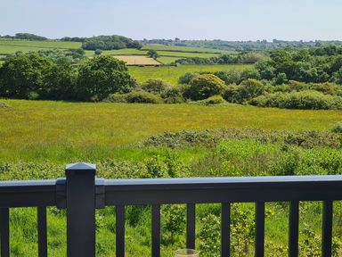 View of green fields and trees behind a black wooden fence at Vendee Lodge Thorness Bay Holiday Park near Cowes