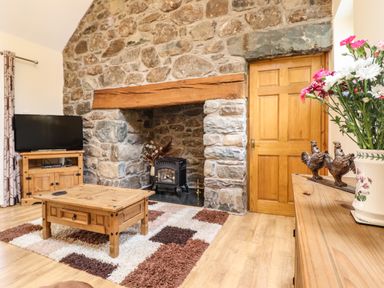 A living room with a stone fireplace wooden furniture a television flowers and decorative roosters at Caerffynon Bach in Dyffryn Ardudwy