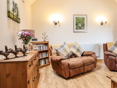 A living room with brown armchairs wooden cabinet with flower vase and bookshelf at Caerffynon Bach in Dyffryn Ardudwy