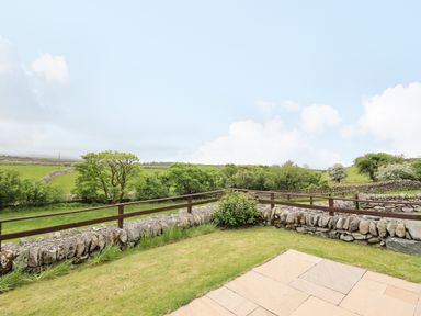 A garden with a stone wall, wooden railing, grass, and trees in the background at Caerffynon Bach in Dyffryn Ardudwy