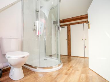 A bathroom with a toilet and a glass shower enclosure on a wooden floor at Ty Biwmares in Beaumaris